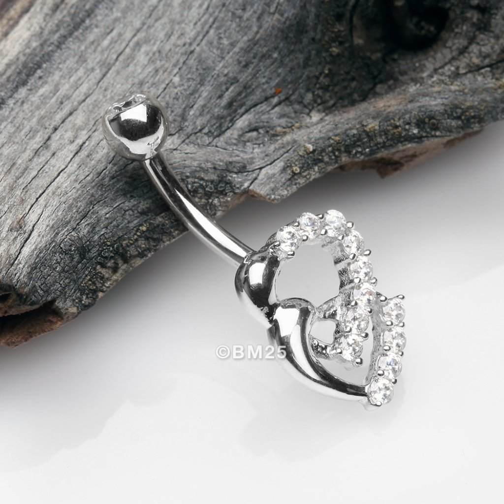 14 Karat White Gold Double Hearts Sparkle Loop Belly Button Ring